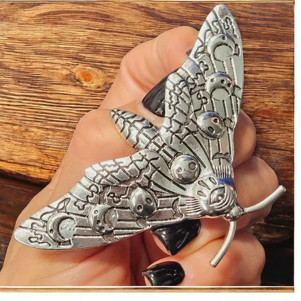 Gothic Moon Phase Moth Hair Clip Death Skull Insect Bug Barrett Silver Tone